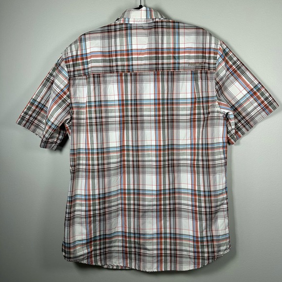 Marmot Large Tan Orange Gray Plaid Short Sleeve Button Up Shirt - Picture 2 of 5